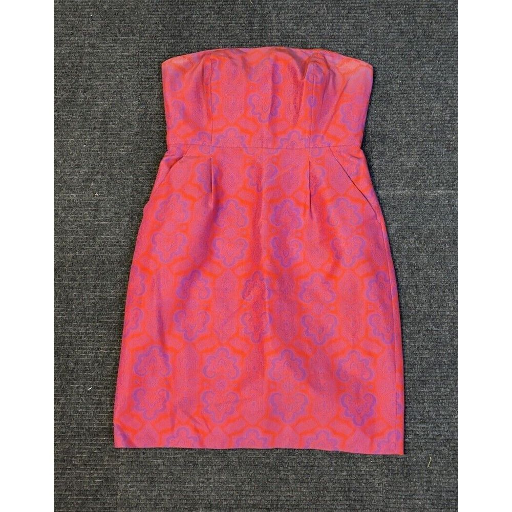 J. Crew Women's Strapless Dress Sz 8 Red With Purple Paisley Design Pockets
